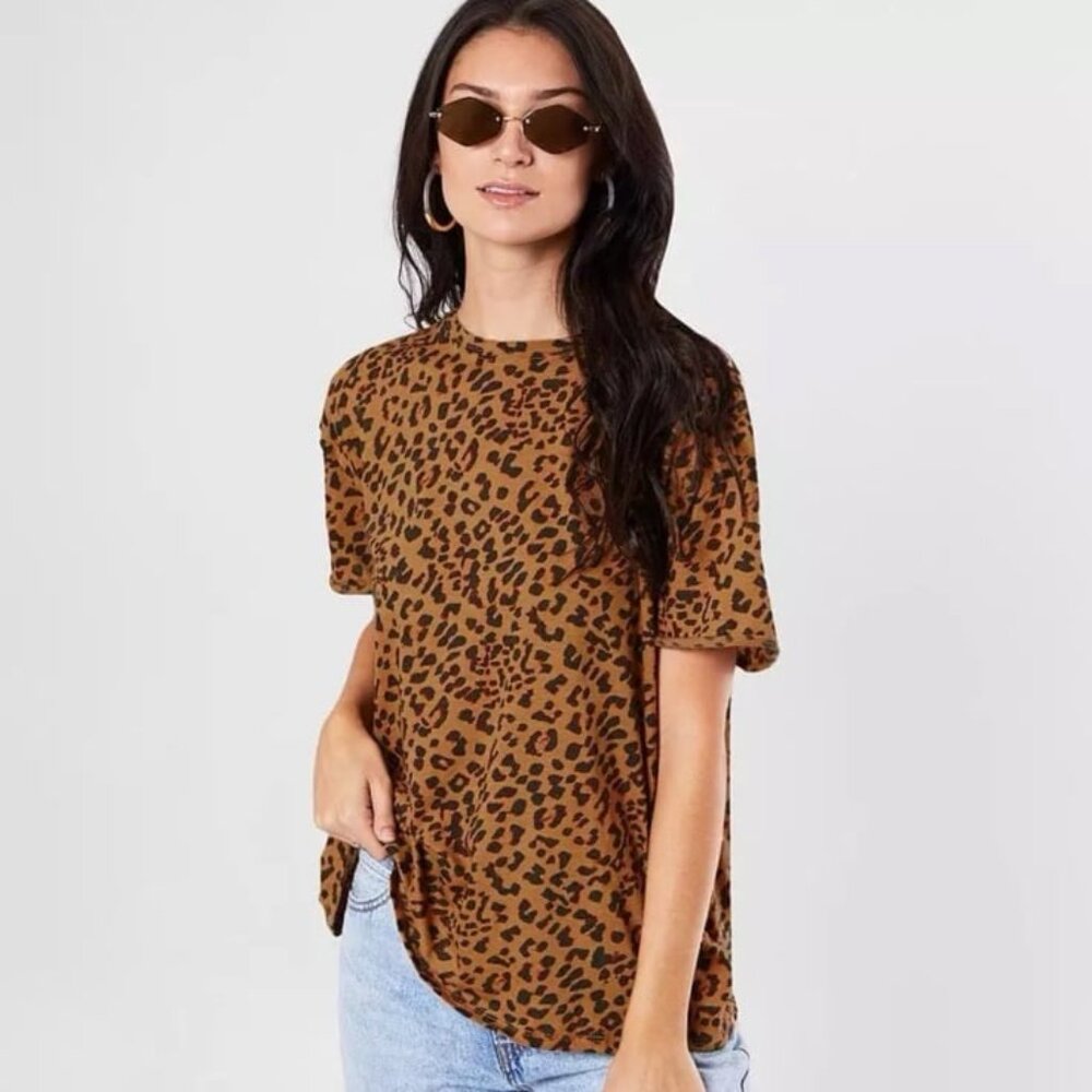 Free People Brown Leopard Print Short Sleeve Top